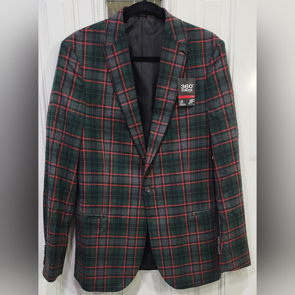 NWT JF J. Ferrar 360° Stretch men's green and red tartan plaid blazer 38/40Long